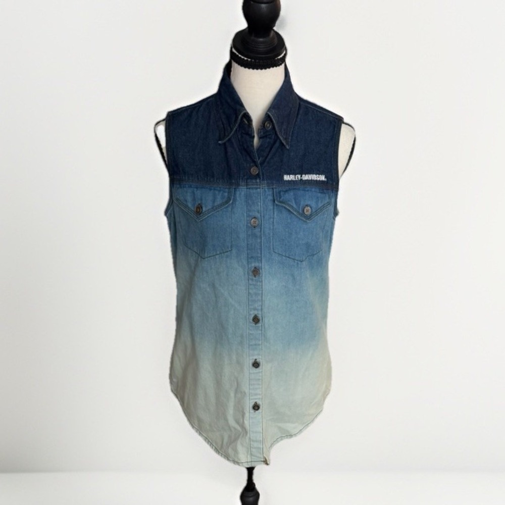 Harley Davidson Ombre Denim‎ Sleeveless Button Up Shirt Small